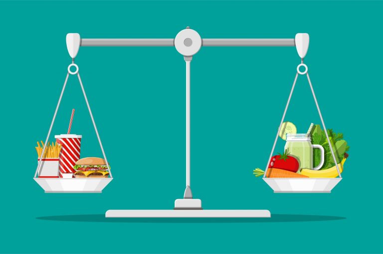 Na imagem, uma balança aparece sustentada por comidas.