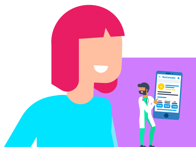 Desenho de médico, mulher e celular caracterizando Boa Consulta