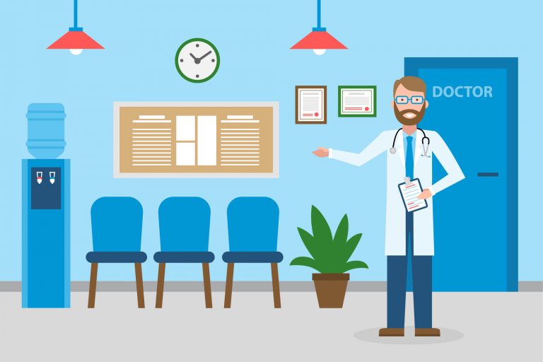 Na imagem, médico aparece mostrando com as mãos a estrutura da sala de espera de consultório médico