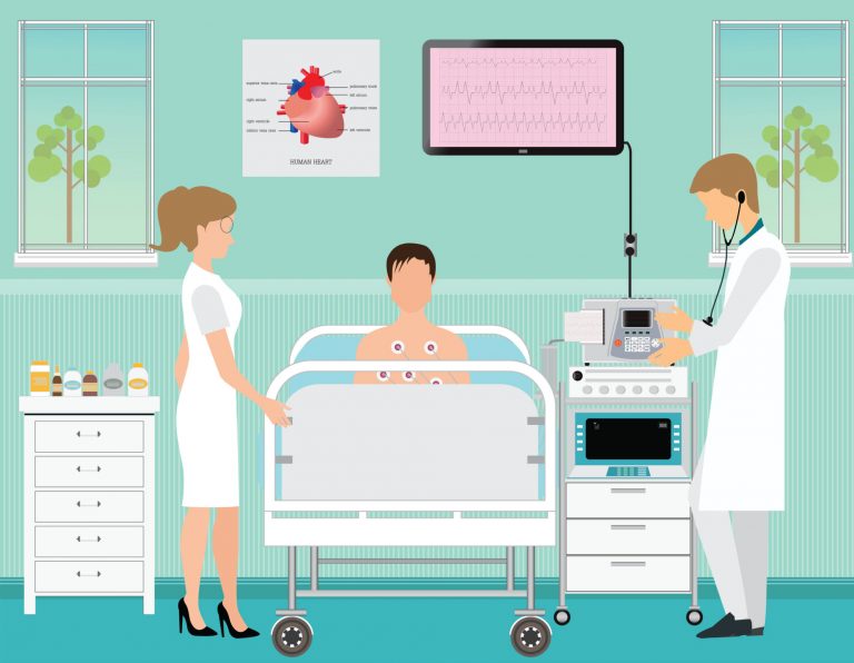 Na imagem, médicos realizam procedimento em paciente deitado em um quarto hospitalar. Uma televisão mostra a frequência cardíaca do examinado, que está ligado por fios.