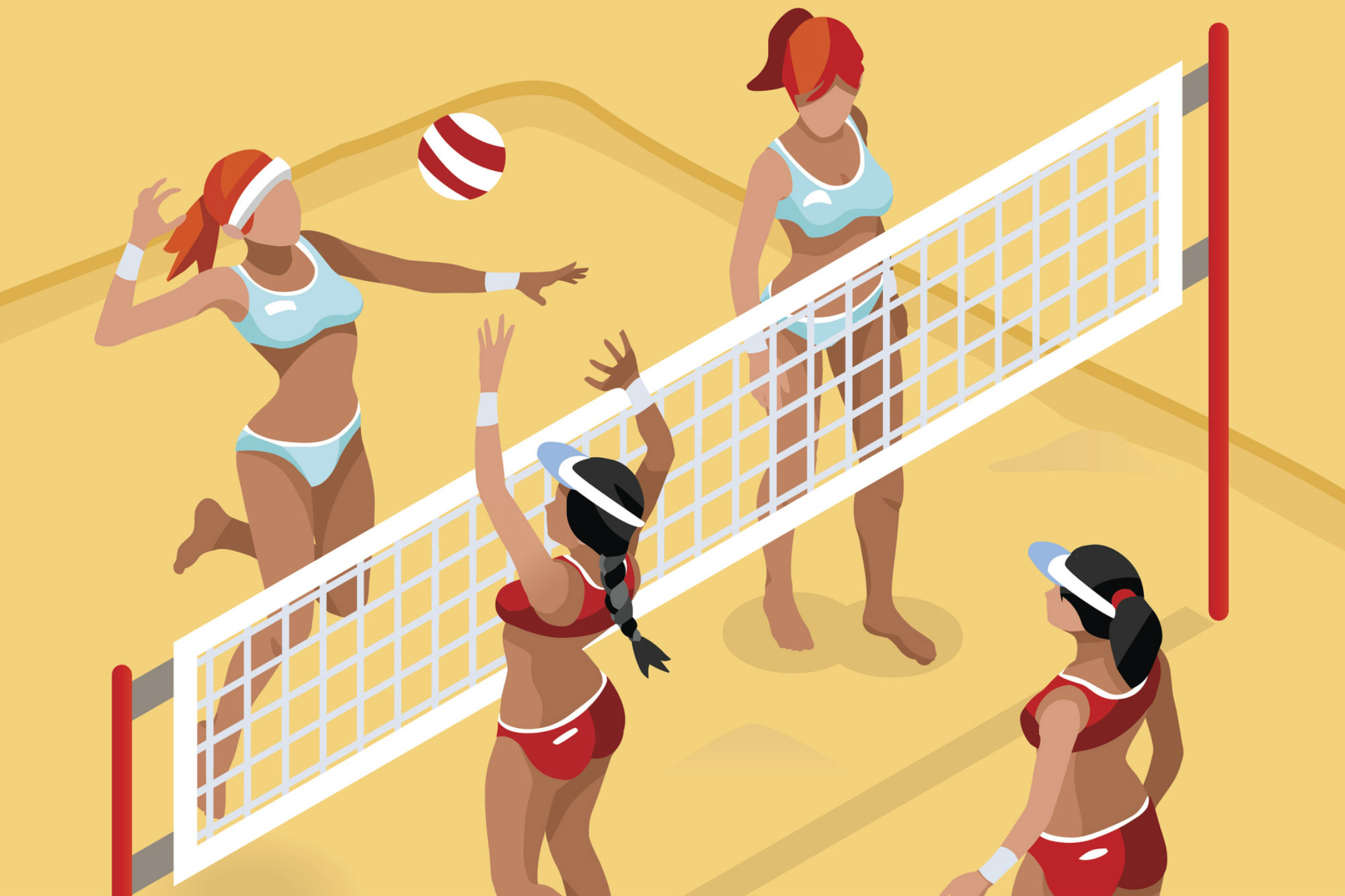 Na imagem, quatro meninas aparecem jogando vôlei de praia.