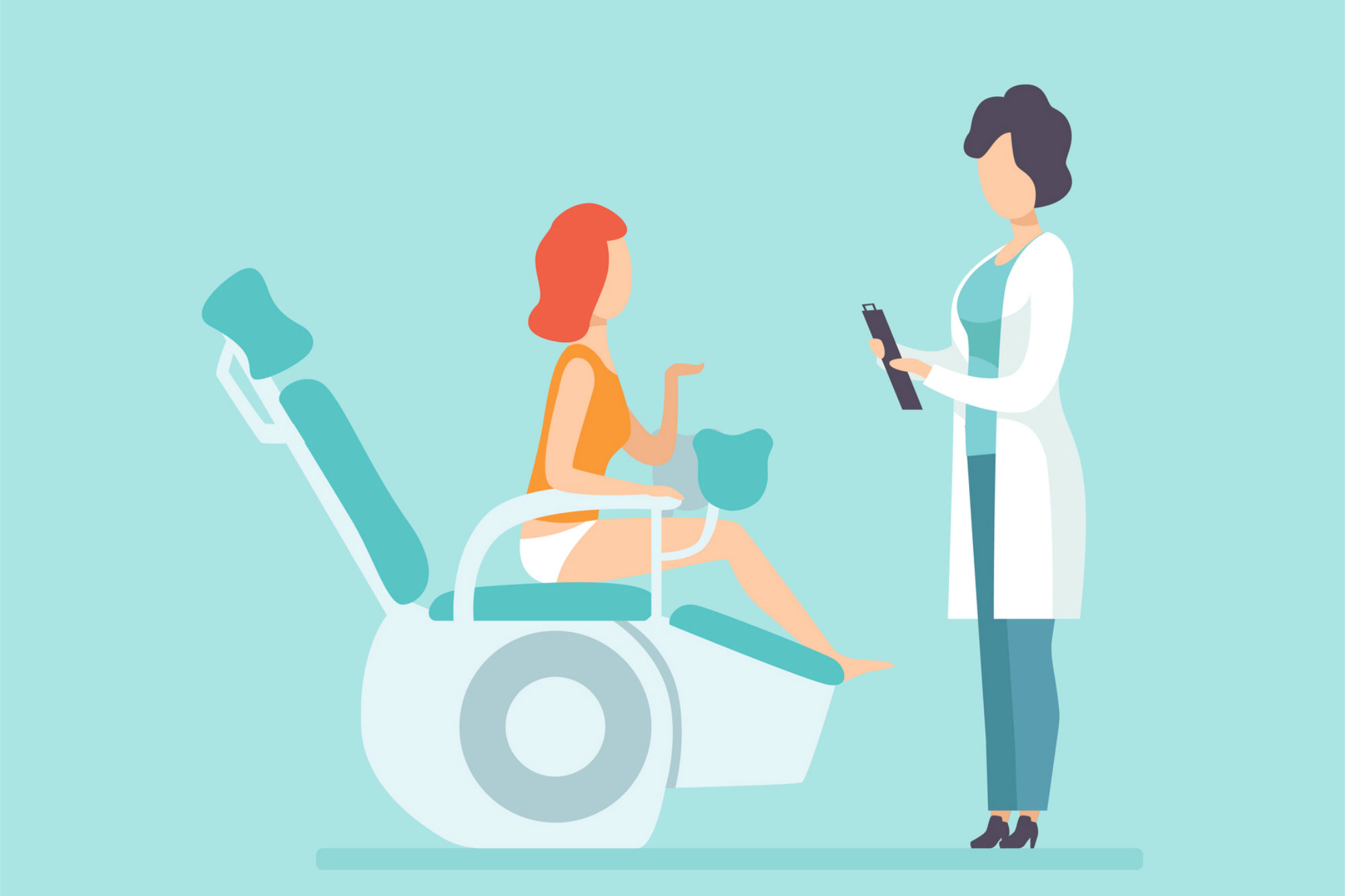 Na imagem, uma paciente sentada em uma cadeira reclinável usada para fazer exames conversa com a médica, em pé.