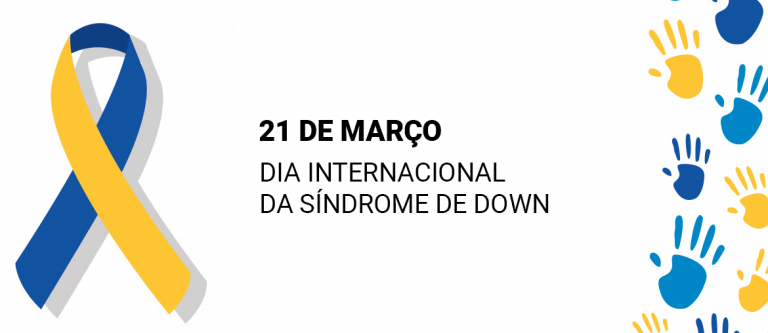 Na imagem, existe uma laço de cores azul e amarelo. Ao lado, tem-se o escrito: "21 de Março, Dia Internacional da Síndrome de Down."