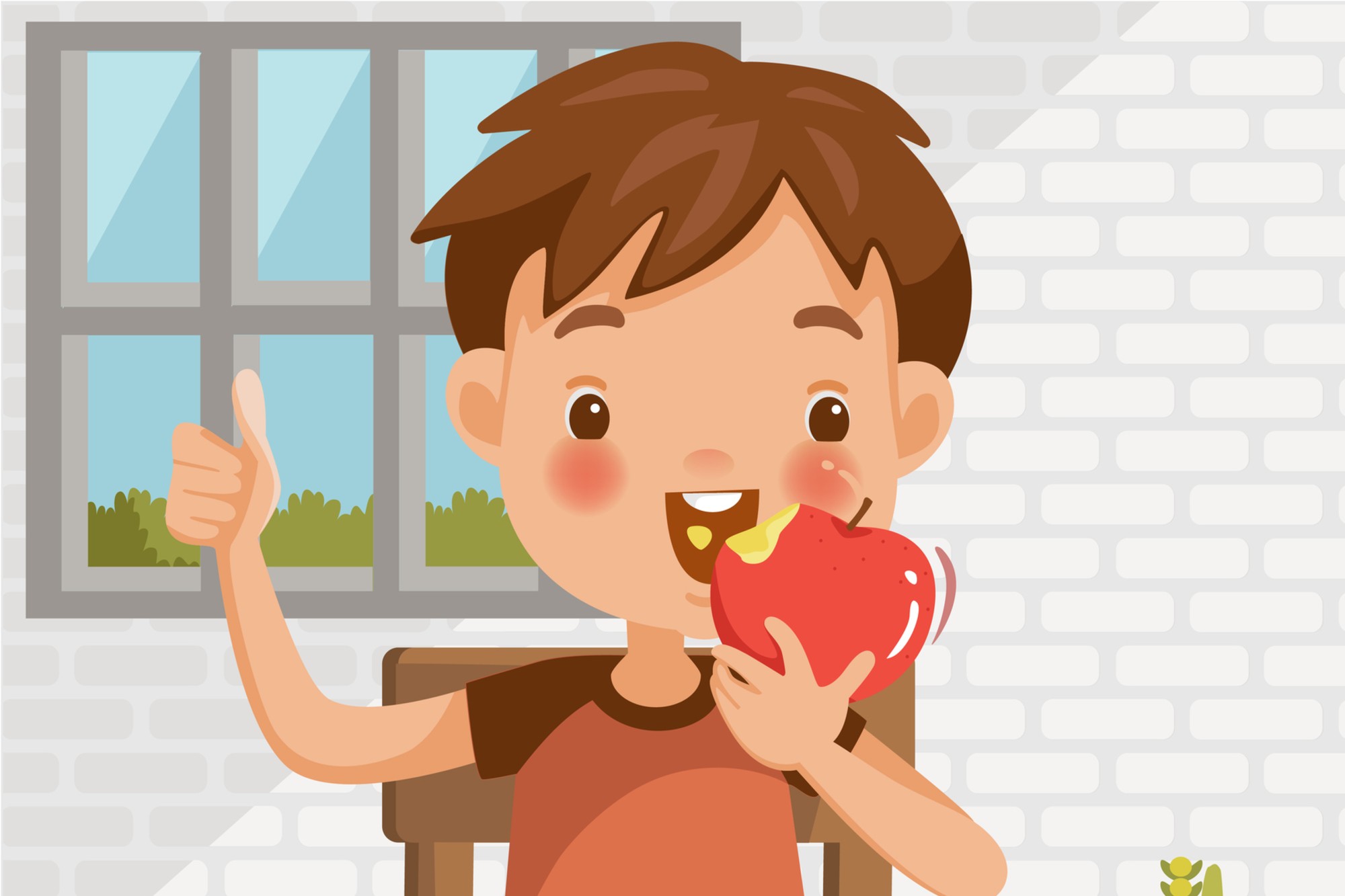 Na imagem, uma criança do sexo masculino aparece comendo uma maçã e fazendo sinal positivo com a mão.