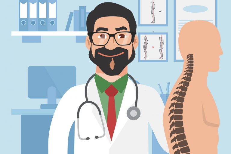 Na imagem, um médico vestindo um jaleco branco está ao lado de um corpo humano em que o destaque é a espinha dorsal.