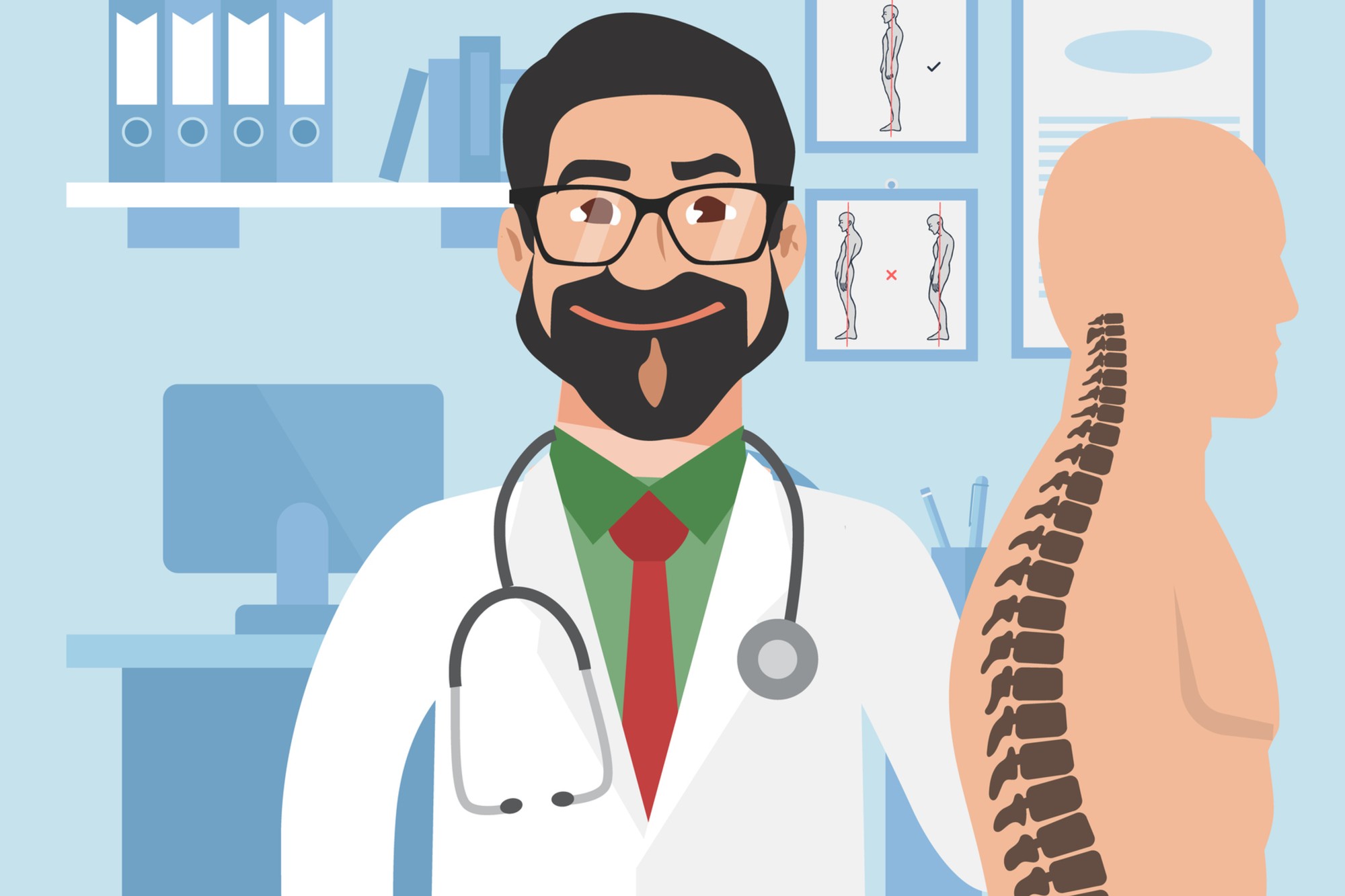 Na imagem, um médico vestindo um jaleco branco está ao lado de um corpo humano em que o destaque é a espinha dorsal.