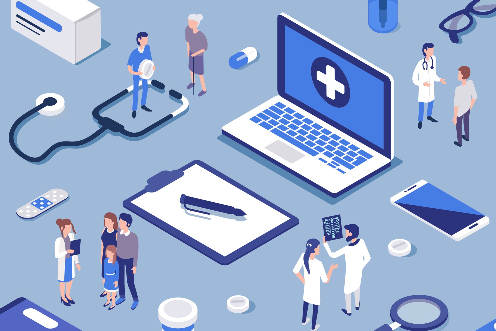 Na imagem, encontram-se vários elementos dispostos numa superfície. Entre eles, estão médicos conversando com pacientes, um laptop, um estetoscópio e comprimidos.