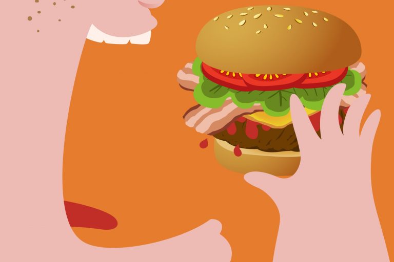 Desenho de um menino comendo hambúrguer, o que não é um habito saudável para prevenir doenças cardiovasculares.