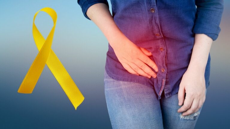 Imagem com uma mulher com dores relacionadas a Endometriose e ao lado um laço amarelo símbolo da campanha de prevenção da endometriose.