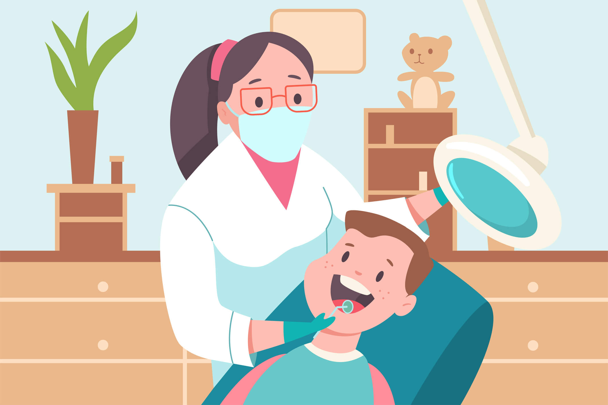 Na imagem, um menino está sentado na cadeira de uma dentista enquanto ela o atende.
