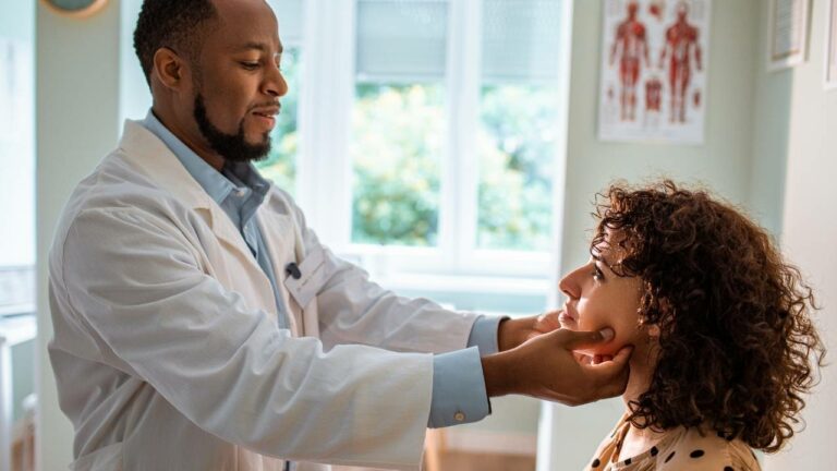 Médico examinando e fazendo check-up com paciente.