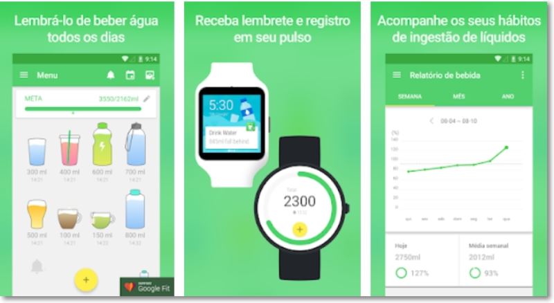 Prints da tela do app Beba Água.