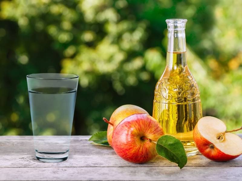 Foto ilustrativa com um copo de agua e vinagre de maçã ao lado.
