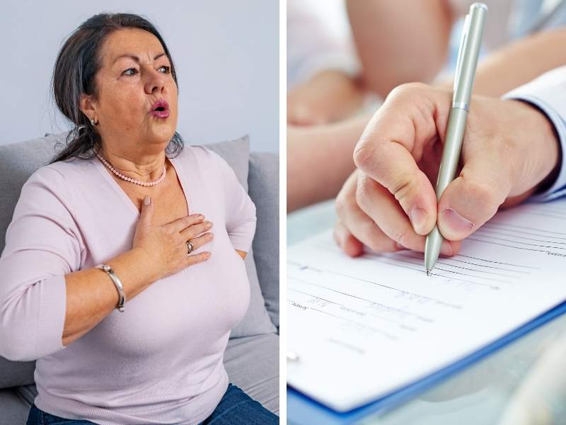 Mulher com sintomas de crise de pânico e ilustração de avaliação profissional.