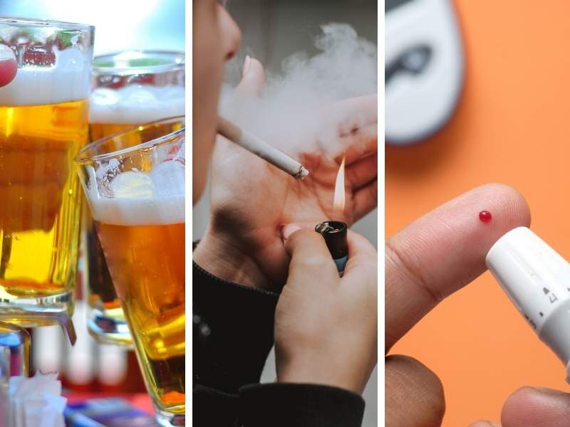 Pessoas ingerindo bebidas alcoólicas e  fumando aumentando as chances de desenvolver diabetes.
