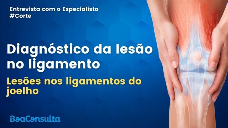Médico explicando como é realizado o diagnóstico de uma lesão no ligamento do joelho.