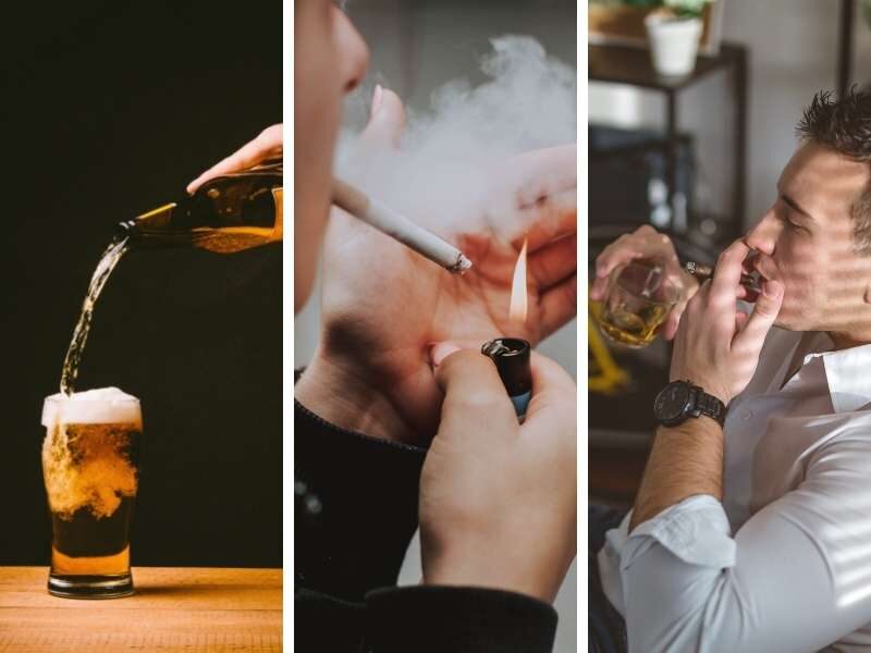 Pessoas bebendo álcool e fumando.