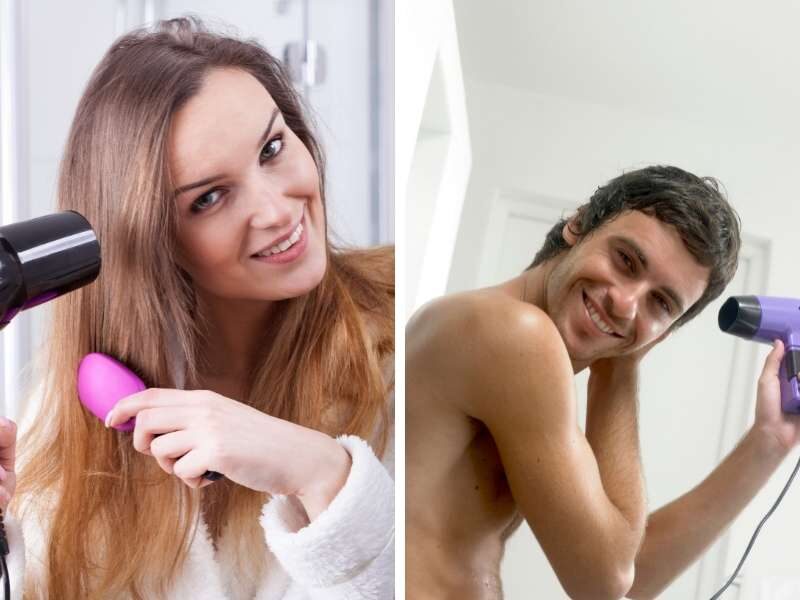 Mulher e homem secando o cabelo.