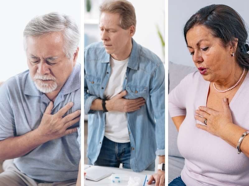 Pessoas com a mão no peito durante sintomas de infarto.